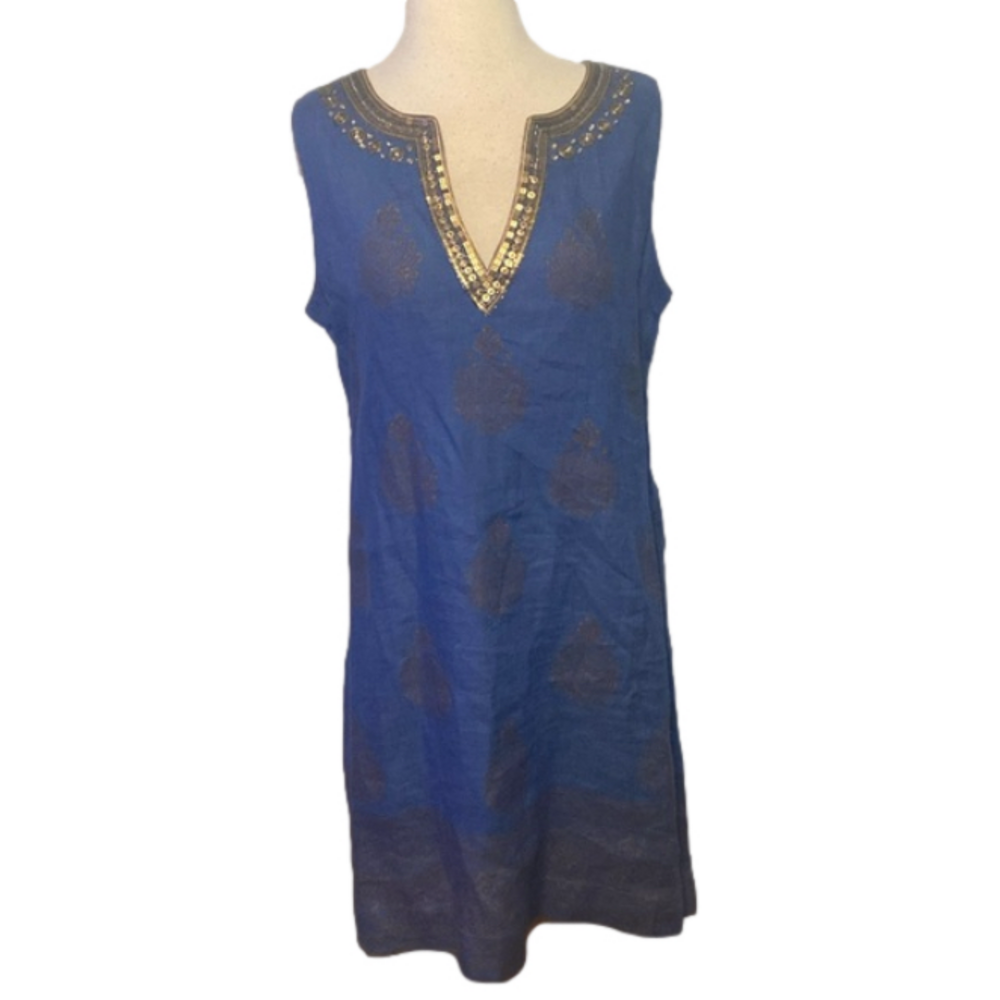 Soft Surroundings Linen Sleeveless Dress Sequins Beaded Neckline Blue S